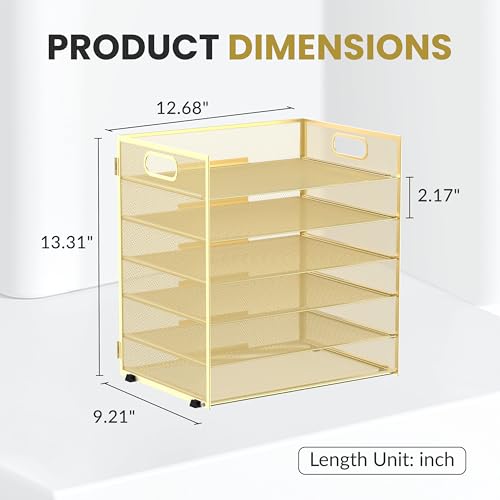 Daltack 6-Tier Paper Organizer for Desk with Handle, Gold | Sturdy Metal Mesh Organizer with Movable Middle Trays and a Carry Handle for Papers, Folders and Office Supplies - color: Gold