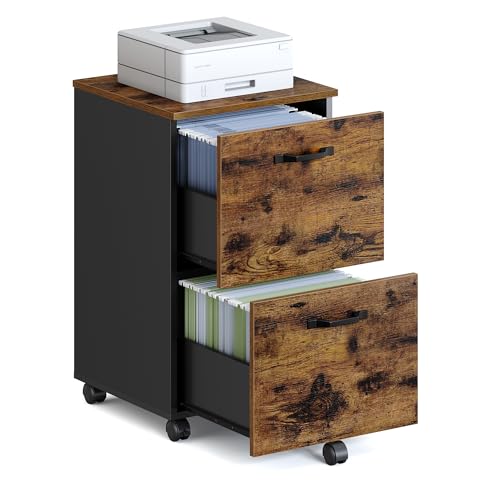 VASAGLE 2-Drawer File Cabinet, Small Rolling Filing Cabinet - color: Rustic Brown + Ink Black, style: Classic