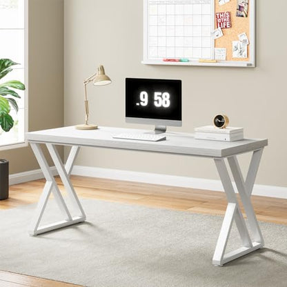 Tribesigns Writing Computer Desk, 55 inch Heavy Duty Study Desk with Z-Shaped Metal Leg, Modern Simple Home Office Computer Desk, White - color: White