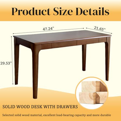 KEIKI Solid Wood Writing Desk with Drawers, 47" Computer Desk for Home Office Work, Study, Walnut - color: Walnut