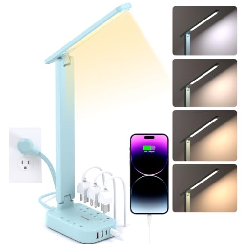 LED Desk Lamp, Power Strip with 4 USB 3 Outlets, Dorm Room Essentials, Blue - color: Blue, size: 5 Ft