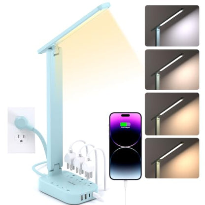 LED Desk Lamp, Power Strip with 4 USB 3 Outlets, Dorm Room Essentials, Blue - color: Blue, size: 5 Ft