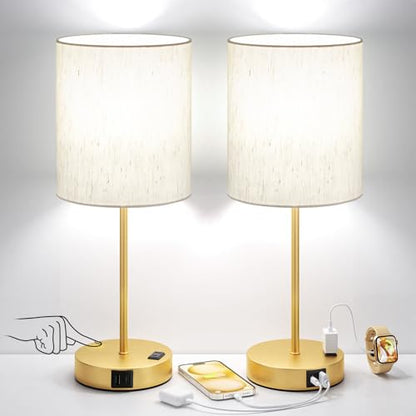 17.6" Gold Touch Lamps for Bedroom Set of 2 - Dimmable, USB C+A, AC Outlet | Large 17.6" Tall Lamp, 3-Way Dimming, 5000K Daylight Bulbs, Cream Lampshade Gold Base, for Living Room, Boys, Men, Girls - color: Gold