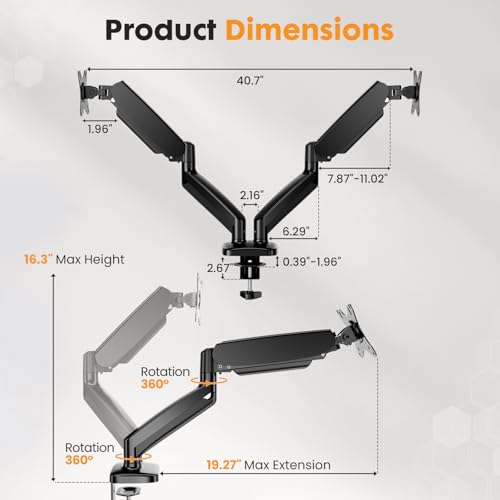 DUMOS Dual Monitor Mount for Desk, Gas Spring Monitor Arm for 2 Monitors Max 32 Inches, Fully Adjustable Double VESA Mount with C-Clamp/Grommet Base, Holds Screen 17.6 lbs - size: 1PCS