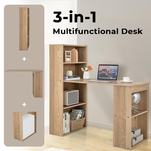 GIANTEX 48 Inch Computer Desk with Bookshelf, 3-in-1 Home Office Desk with 4-Tier Bookcase & CPU Stand, Space-Saving Reversible Writing Desk Work Table for Bedroom, Study Room, Office (Natural) - color: Natural