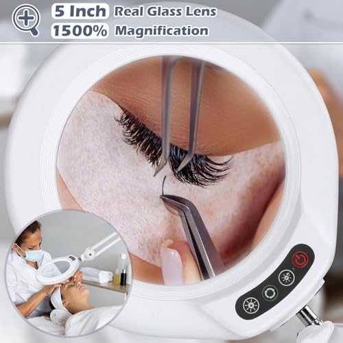 15X Magnifying Glass with Light and Stand, Real Glass Lens, 5 Color Modes, Stepless Dimmable, LED 2200 Lumens Floor lamp with 5 Wheels Rolling Base, Lighted Magnifier for Esthetician, Facials, Salon