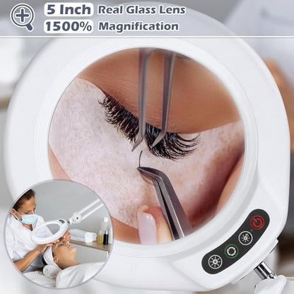 15X Magnifying Glass with Light and Stand, Real Glass Lens, 5 Color Modes, Stepless Dimmable, LED 2200 Lumens Floor lamp with 5 Wheels Rolling Base, Lighted Magnifier for Esthetician, Facials, Salon