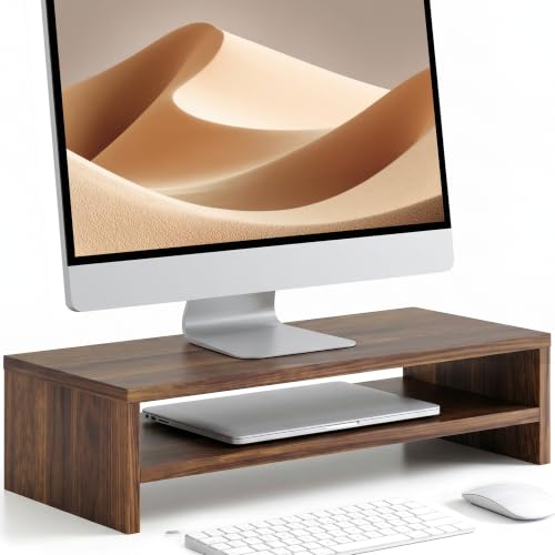 FITUEYES Wooden Monitor Stand Riser, 2-Tier Desk Storage Shelf, Brown | 21.3-Inch Desktop Organizer Fits Laptop, Computer Screen and Office Supplies - color: Brown, size: 21.3“