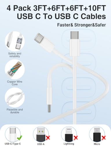 45W iPhone 17 16 15 Charger Fast Charging, 2 Pack Dual Port USB C Charger - color: White, size: 2pack-(3+6+6+10)ft