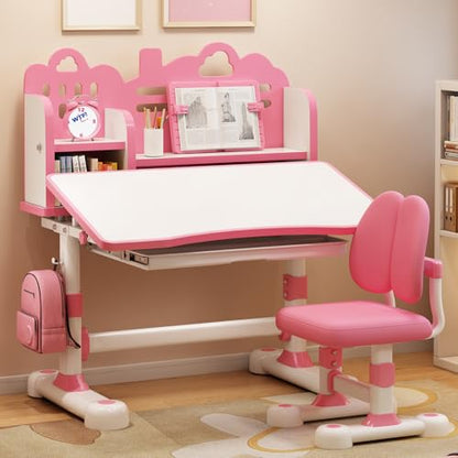 Kids Study Desk and Chair Set 3-12, Adjustable Children School Desk-10PINK | Height Adjustable | 50° Tilt Desktop | Book Stand & Metal Hook & Storage Drawer | Writing Drawing Table for Boys and Girls - color: 100-pink-27.5in