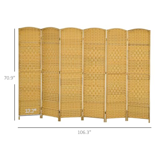 HOMCOM 6 Panel Room Divider, 6' Tall Folding Privacy Screen, Hand-Woven Freestanding Wall Partition for Home Office, Bedroom, Nature Wood - color: Natural Wood, size: 6 Panel