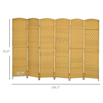 HOMCOM 6 Panel Room Divider, 6' Tall Folding Privacy Screen, Hand-Woven Freestanding Wall Partition for Home Office, Bedroom, Nature Wood - color: Natural Wood, size: 6 Panel
