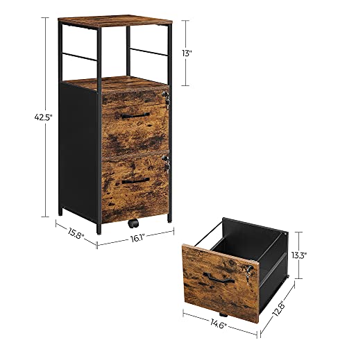 VASAGLE 2-Drawer File Cabinet with Lock, Open Shelf, Printer Stand | For A4 and Letter Sized Files, Adjustable Feet, Industrial, Rustic Brown and Black, BARNET Collection UOFC045B01V1