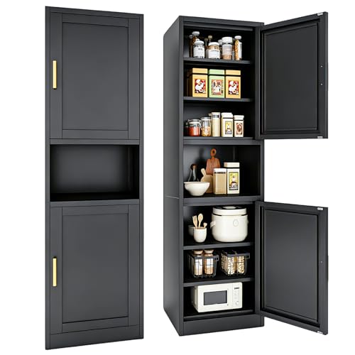 67" H Metal Tall Narrow Storage Cabinet, Freestanding Floor Cabinet with 2 Doors and Adjustable Shelves, Pantry Storage Cabinets for Bathroom, Living Room, Entryway and Kitchen (Black) - color: Black, size: 19.69"W