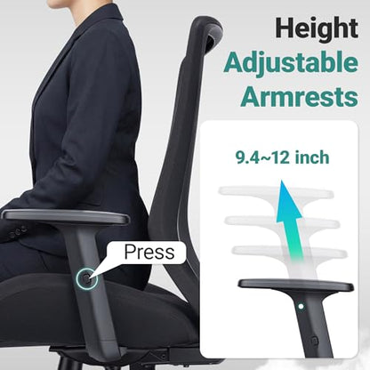 Big and Tall Home Office Desk Chair 400lb Capacity for Heavy People, Ergonomic Wide Mesh Desk Chair with Stepless Recline & Lock, 5.5" Thick Cushion, High Back, Adjustable Height & Armrests - color: Black