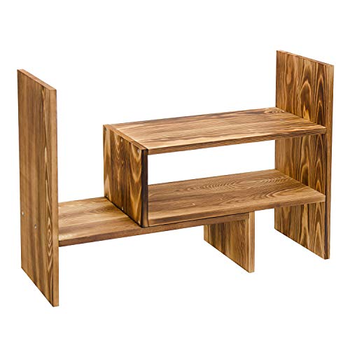 Adjustable Extendable Natural Wood Desktop Organizer Caddy Desk Organizer Countertop Shelf Bookcase Display Stand Rack Expandable Storage Office Home (Dark Brown)