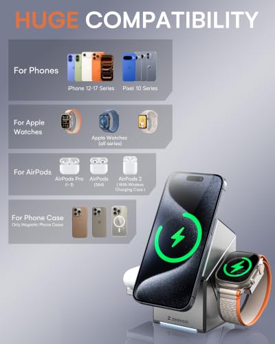 ZEEHOO 3 in 1 Charging Station for Apple, Mag-Safe for iPhone Charger, Certified Rotating Wireless Charger Stand for iPhone 17,16,15,14,13,12 Series, Apple Watch, AirPods (USB-C Charger Included) - color: Metal Gray