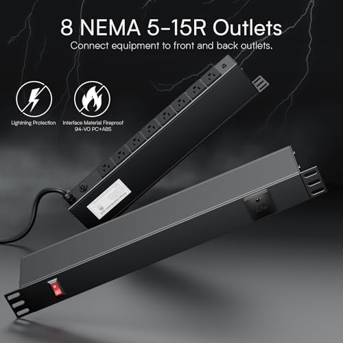 8 Outlet Horizontal 1U Rack Mount PDU Power Strip with Surge Protector - 110V/15A - 6ft Power Cord for Network Server Racks (PDU-03)