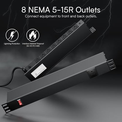 8 Outlet Horizontal 1U Rack Mount PDU Power Strip with Surge Protector - 110V/15A - 6ft Power Cord for Network Server Racks (PDU-03)
