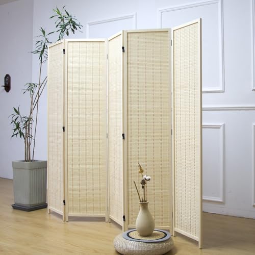 Furnnylane 5 Panel Bamboo Room Divider – 5.6 ft Tall Folding Privacy Screen, Natural Beige Freestanding Room Partition Wall for Home Office (67" x 76.75", 5-Panel) - color: Beige, size: 5 Panel