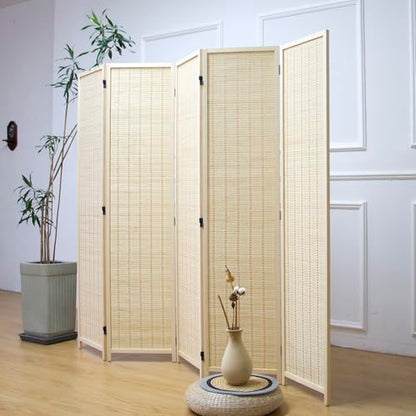 Furnnylane 5 Panel Bamboo Room Divider – 5.6 ft Tall Folding Privacy Screen, Natural Beige Freestanding Room Partition Wall for Home Office (67" x 76.75", 5-Panel) - color: Beige, size: 5 Panel