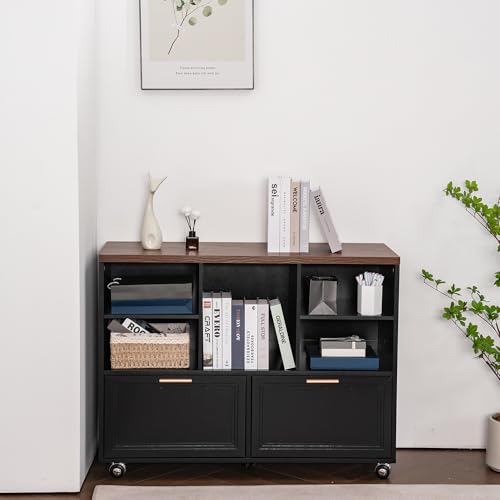 40" Lateral File Cabinet,Farmhouse Wood Small Home Office Storage with Wheels,Filing Cabinet with 2 Drawers for Legal/Letter/ A4 Size - color: Walnut & Black