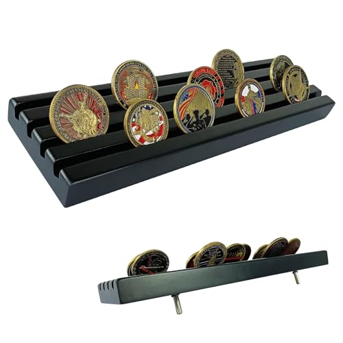 ASmileIndeep Military Coin Display Holder - Wooden Stand Holds 35 Coins, Rack for Desk, Collector's Case, Black Finish - color: Black, size: Large