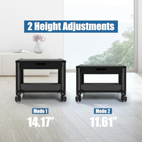 Under Desk Printer Stand with Wheels, Rolling Printer Cart with Lockable Wheels, 2-Tier Printer Table with Storage Drawer for Home&Office (Black)