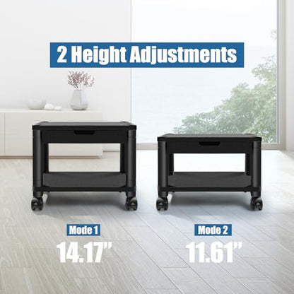 Under Desk Printer Stand with Wheels, Rolling Printer Cart with Lockable Wheels, 2-Tier Printer Table with Storage Drawer for Home&Office (Black)