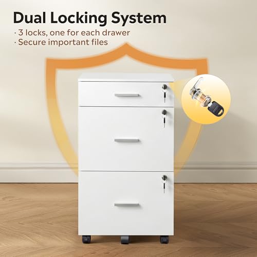 DEVAISE 3 Drawer File Cabinet with Lock & Wheels, White | Wood printer stand, Mobile filing cabinets for home office, Fits Letter/A4 Size - color: White