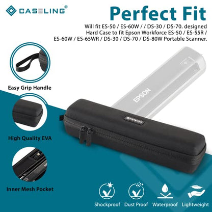 Caseling Case for Epson Workforce ES-50 ES-60W & DS-70 Portable Scanner | Fits Epson ES-50, ES-60W & DS-70, rigid shockproof EVA shell, internal accessory mesh pocket, secure double zipper