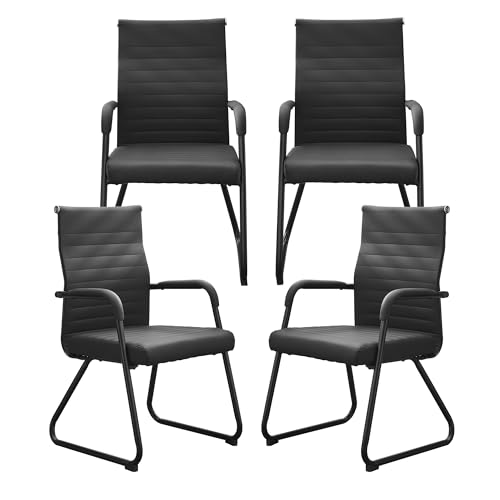 Okeysen Office Guest Chairs Set of 4, Modern Leather Reception Chairs with Mid Back & Sled Base, No-Wheel Desk Chairs for Waiting Room & Conference Room - color: Black Leather/Black Frame, size: Set of 4