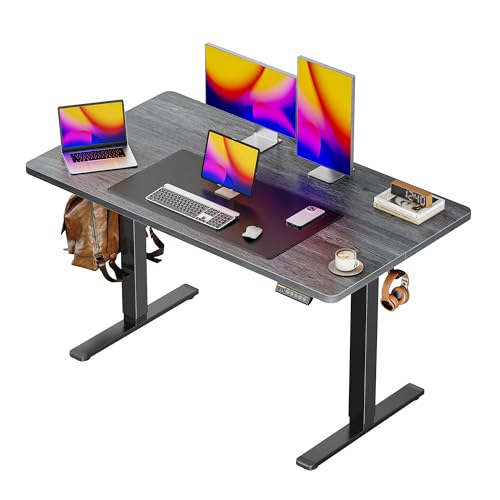 Huuger 48 x 28 Large Electric Standing Desk, Height Adjustable Desk, 27.6" Deep Desktop, Stand up Gaming, 2 Hooks, 3 Preset Heights, for Home Office, Grey - color: Grey, size: 48*28 inch (no outlets)