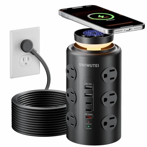 Tower Power Strip with Wireless Charging & Night Light - PD20W Fast Charging Station,12 Outlets, 5 USB (3 USB-C),1800J Protection, 10FT Extension Cord, Home Office Essentials(Black) - color: Black, size: 10FT with Night Light & Wireless Charger