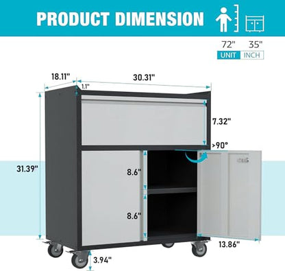 Rolling Garage Storage Cabinet with Door and Drawer, Lockable Metal Tool Cabinet on Wheels for Garage, Home, Office, Black & Gray, Assembly Required, (18.11" D x 30.31" W x 35.43" H) - size: 18.11" W x 30.29" D x 35.42" H