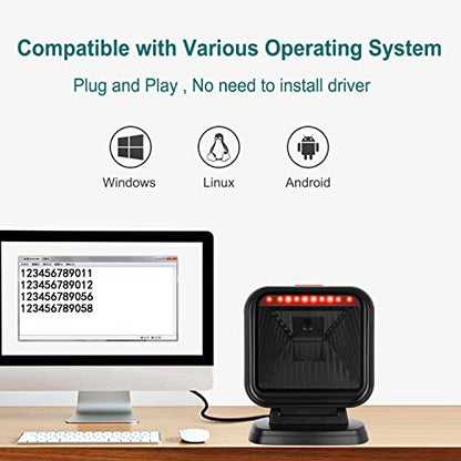 OBZ 1D 2D Desktop Barcode Scanner, QR Code Scanner USB Wired Hands-Free Barcode Scanner Omnidirectional Automatic Cash Register Scanner with Large Scan Window for POS PC, Store, Supermarket - style: Square