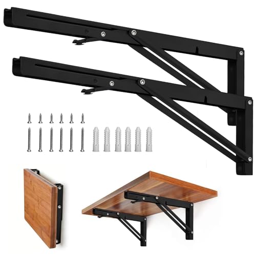 Storystore Folding Shelf Brackets - 20 Inch Heavy Duty Metal Collapsible Shelf Bracket for Bench Table, Shelf Hinge Wall Mounted Space Saving DIY Bracket, Max Load: 150 lb 2 PCS (Black) - size: 20 Inch