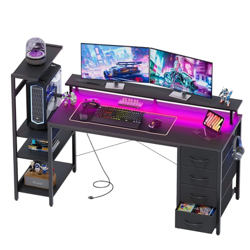59in Gaming Computer Desk with Drawers & Power Outlet & LED Lights, Black - color: Black, size: 59''
