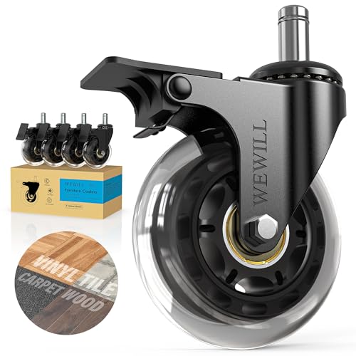 WEWILL Office Chair Wheels - Rubber Casters Replacement Universal Fit 98% Chair(Set of 5) Heavy Duty 3 Inch Smoothly & Quietly Safe for All Floor, Hardwood, Tile, Carpet, Noise Free - Transparent - color: Transparent