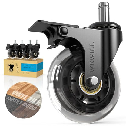 WEWILL Office Chair Wheels - Rubber Casters Replacement Universal Fit 98% Chair(Set of 5) Heavy Duty 3 Inch Smoothly & Quietly Safe for All Floor, Hardwood, Tile, Carpet, Noise Free - Transparent - color: Transparent