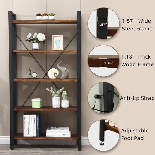 5 Tier Bookcase, Solid Wood Bookshelf Rustic Vintage Industrial Etagere Bookcase, Metal and Wood Free Vintage Bookshelf, Retro Brown (5-Tiers) - size: 5-Tiers-Solid Wood