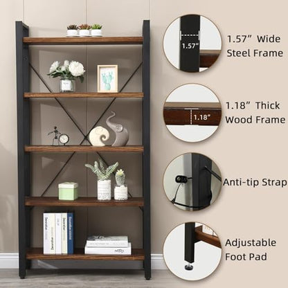 5 Tier Bookcase, Solid Wood Bookshelf Rustic Vintage Industrial Etagere Bookcase, Metal and Wood Free Vintage Bookshelf, Retro Brown (5-Tiers) - size: 5-Tiers-Solid Wood