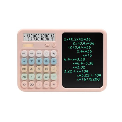 Calculator with Writing Tablet, Desktop Calculator with LCD Notepad, 12-Digit Large Display, Dual Power (Solar & AAA Battery), Erasable Memo Pad with Stylus for Office Finance School (Pink) - color: Pink