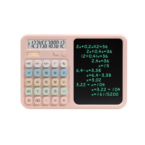 Calculator with Writing Tablet, Desktop Calculator with LCD Notepad, 12-Digit Large Display, Dual Power (Solar & AAA Battery), Erasable Memo Pad with Stylus for Office Finance School (Pink) - color: Pink