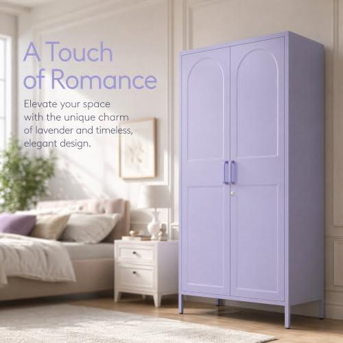 Metal Wardrobe with Lock, 67"Clothing Steel Storage Cabinet Locker, Hanging Rod And Adjustable Shelves, Puple 2 Doors Household kids wardrobe closet Lockers for Bedroom Cloak Room Home Office Gym - color: Purple, style: 67"H-Wardrobe-DY