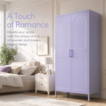 Metal Wardrobe with Lock, 67"Clothing Steel Storage Cabinet Locker, Hanging Rod And Adjustable Shelves, Puple 2 Doors Household kids wardrobe closet Lockers for Bedroom Cloak Room Home Office Gym - color: Purple, style: 67"H-Wardrobe-DY