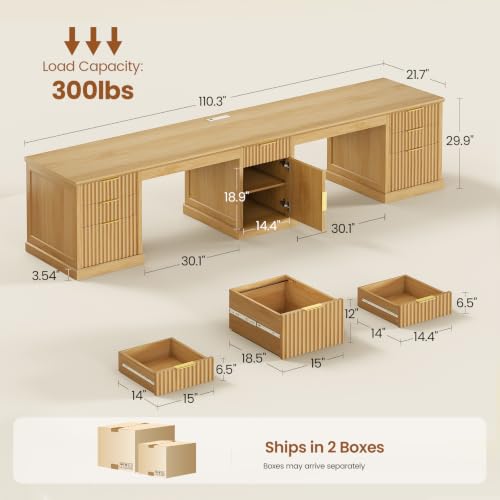 SEDETA Fluted 110.3" Two Person Desk with 7 Drawers for Office, Fluted Oak | Long Computer Desk with Storage Cabinet, 2 Person Desk with Power Outlets - color: Fluted Oak, size: 110.3" Two Person Desk