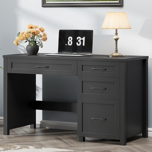Farmhouse 47" Computer Desk, Executive Desk with File Drawer, Pure Black | Workstation, Charging Station, for Study, Home Office - color: Unique Black
