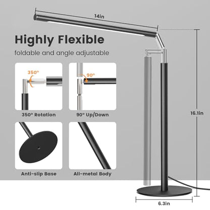 Metal LED Desk Lamp, 16" Dimmable Desk Light with Base, 15W 1200LM, Adapter Included, Color & Brightness Adjustable, Modern Tall Table Lamp for Home Office Reading Study Task Laptop, Black - color: Black