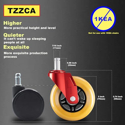 Office Chair Wheels Replacement Rubber Chair Casters Heavy Duty - color: Yellow
